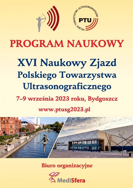 Plakat. Napis: program-naukowy-XVI-Naukowy-Zjazd-Polskiego-Towarzystwa-Ultrasonograficznego. 7-9 września 2023 roku, Bydgoszcz, www.ptusg2023.pl