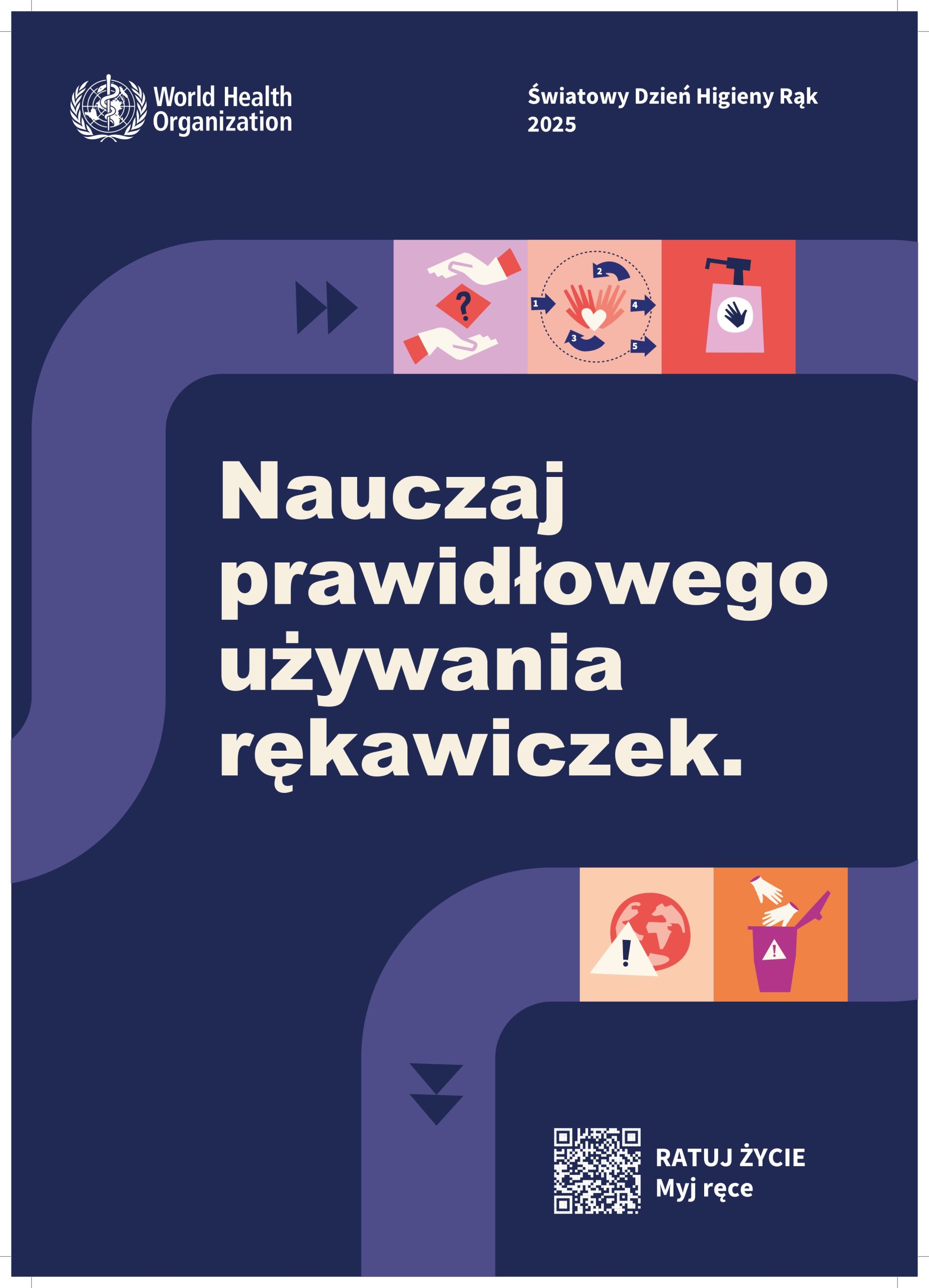 Plakat. Nauczaj prawidłowego używania rękawiczek. Piktogramy higieny rąk.