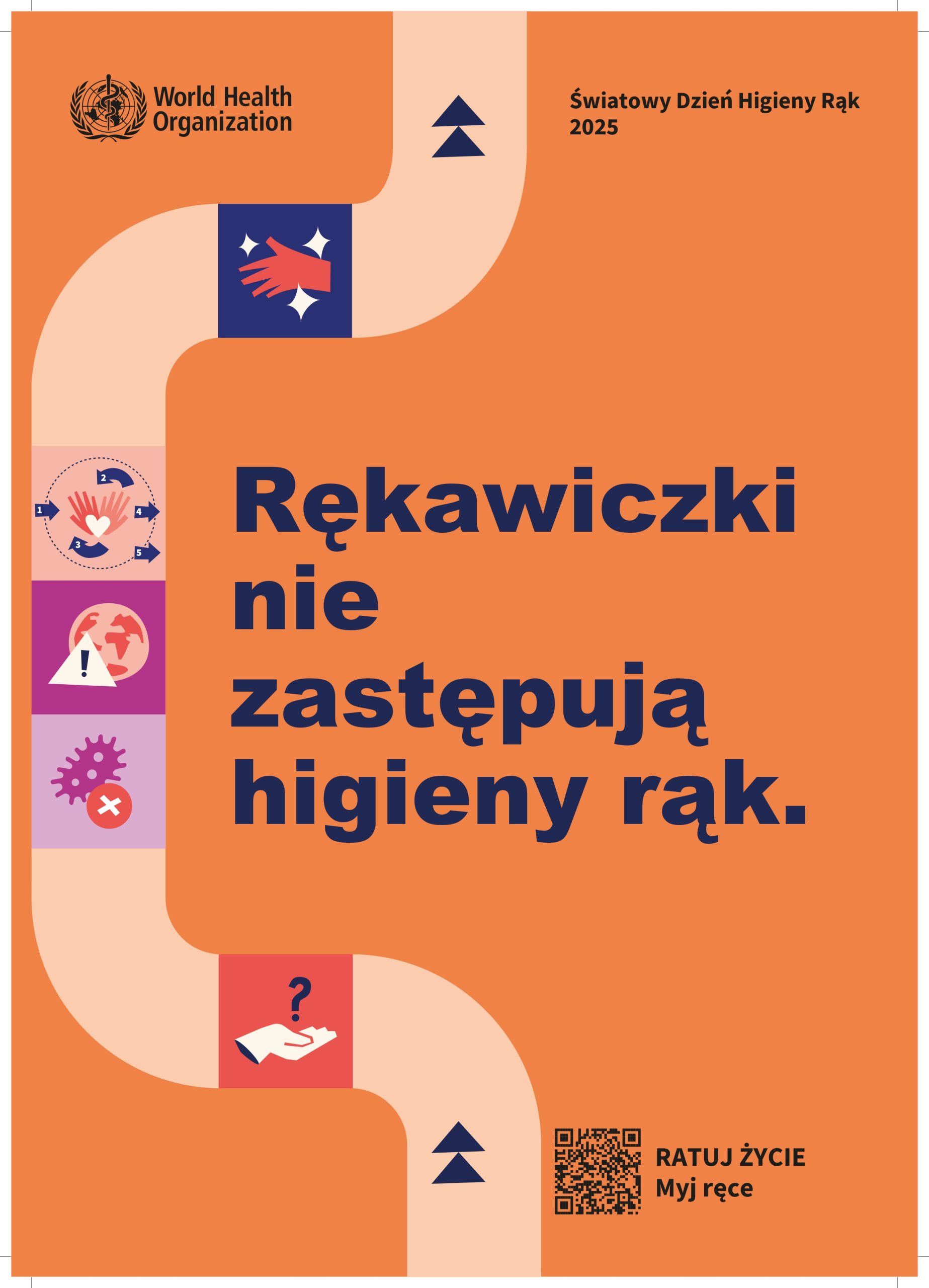 Plakat. Rękawiczki nie zastąpią higieny rąk. Piktogramy higieny rąk.