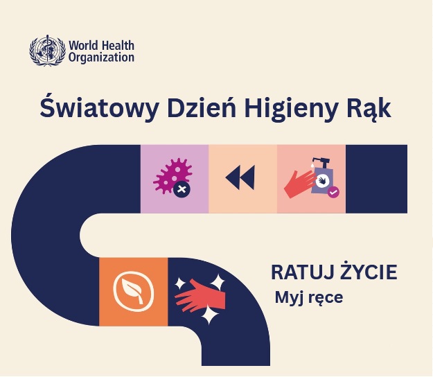 Plakat Światowy Dzień Mycia Rąk. Na plakacie piktogramy związane z higieną rąk.