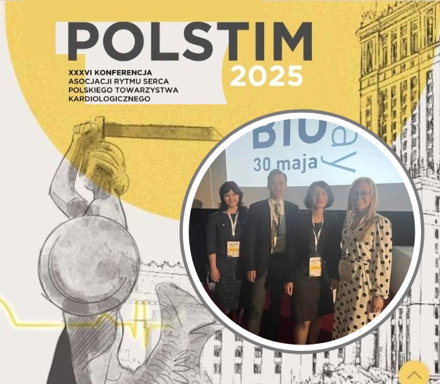Plakat konferencji POLSTIM, w kółku zdjęcie uczestników.