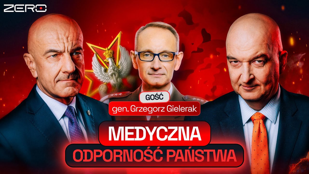 Plakat audycji podkastu. Na czerwonym tle Grzegorz Gielerak na tle ognia i logo wim.